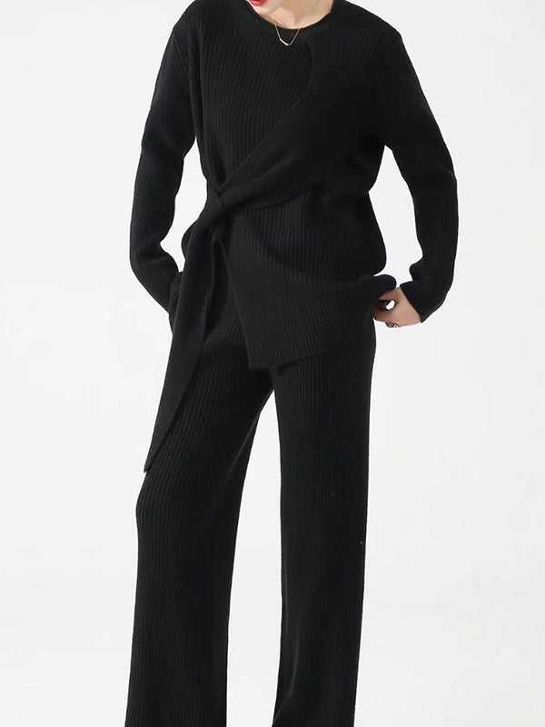 Loose Asymmetric Solid Color Split-Front Round-Neck Long Sleeves Sweater Top   Pants Bottom Two Pieces Set