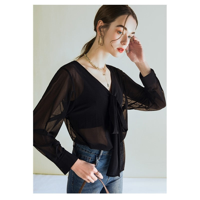 Solid Color V-Neck Bandage Long Sleeve Sheer T-Shirt