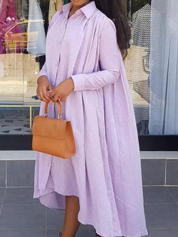High-Low Long Sleeves Pleated Solid Color Lapel Maxi Dresses Shirt Dress