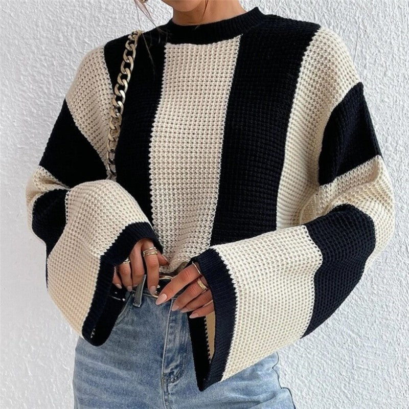 Striped Color Block Casual Flare Sleeve Knit Sweater