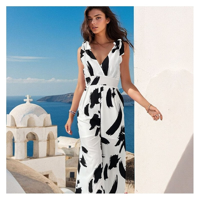 Chic Sleeveless Monochrome Floral Jumpsuit