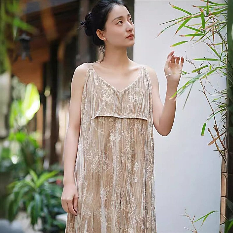 Velvet Printed Camisole Dress in Solid Color