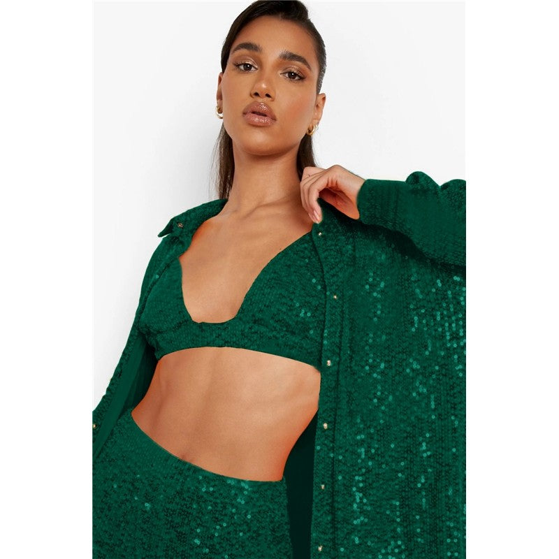 Solid Color Long Sleeve Lapel Single Breasted Glitter Blouse