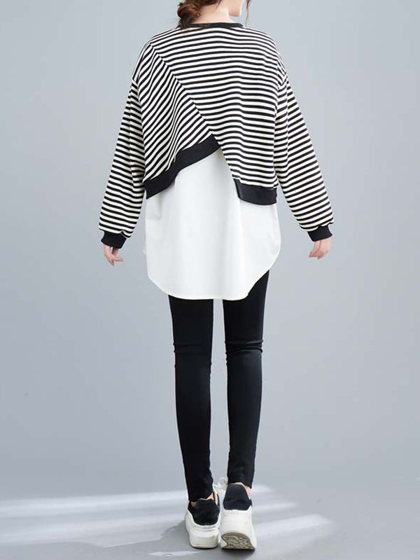 Original Long Sleeves False Two Striped Round-Neck Hoodies&Sweatshirt Tops
