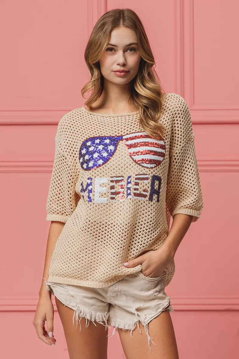 Sequin American Flag Sunglasses Knit Cover Up