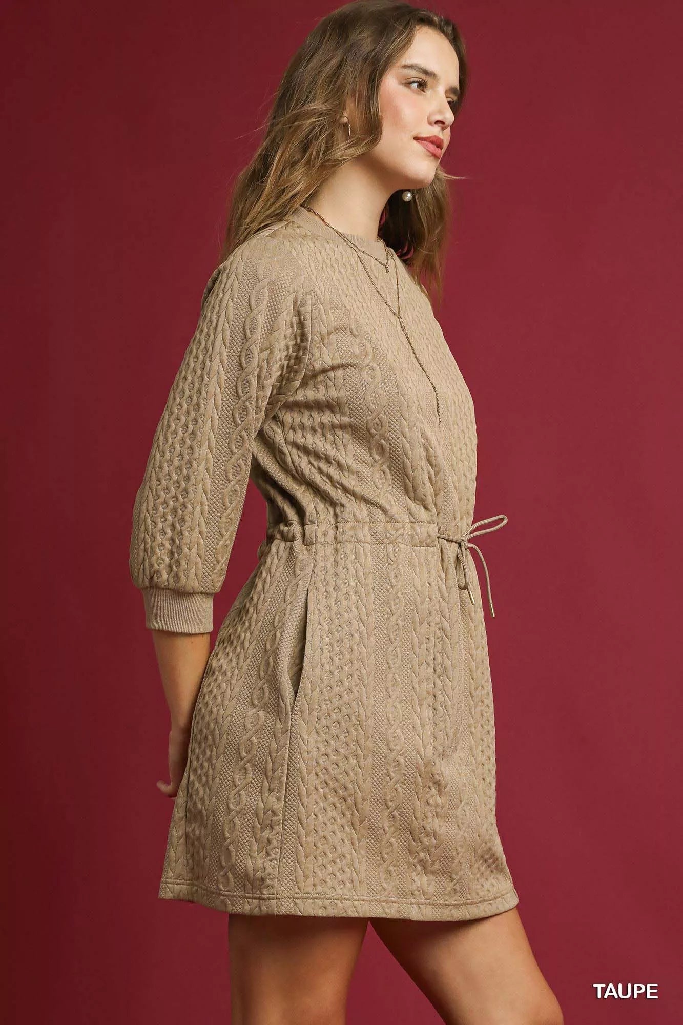 Drawstring Cable Knit Mini Dress with Pockets