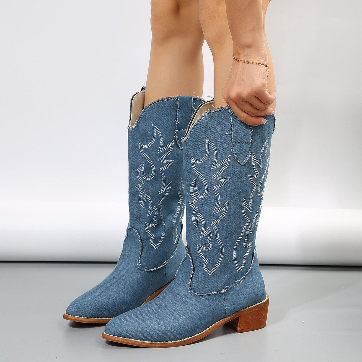 Women's Plus-Size Mid-Calf Western Boots – Blue Denim Embroidery Square Heel