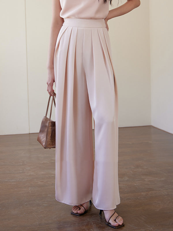 High Waisted Wide Leg Elasticity Pleated Solid Color Pants Trousers
