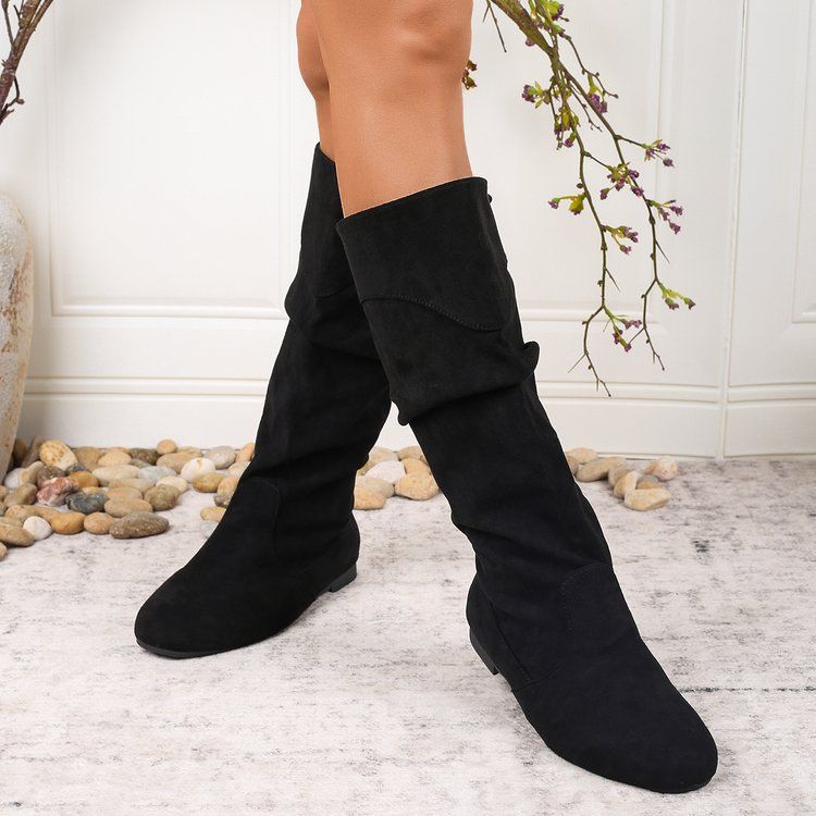 Women's High-Shaft Pleated PU Leather Chunky Heel Boots | Mid-Calf Round Toe