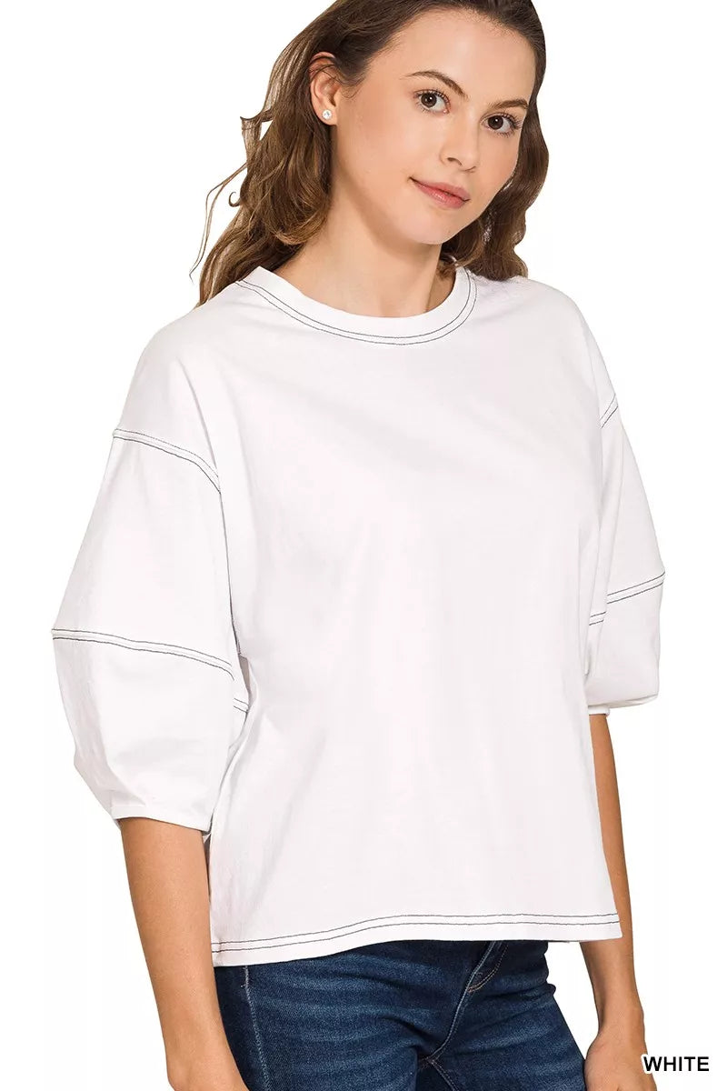 Balloon Sleeve Top with Contrast Stitching