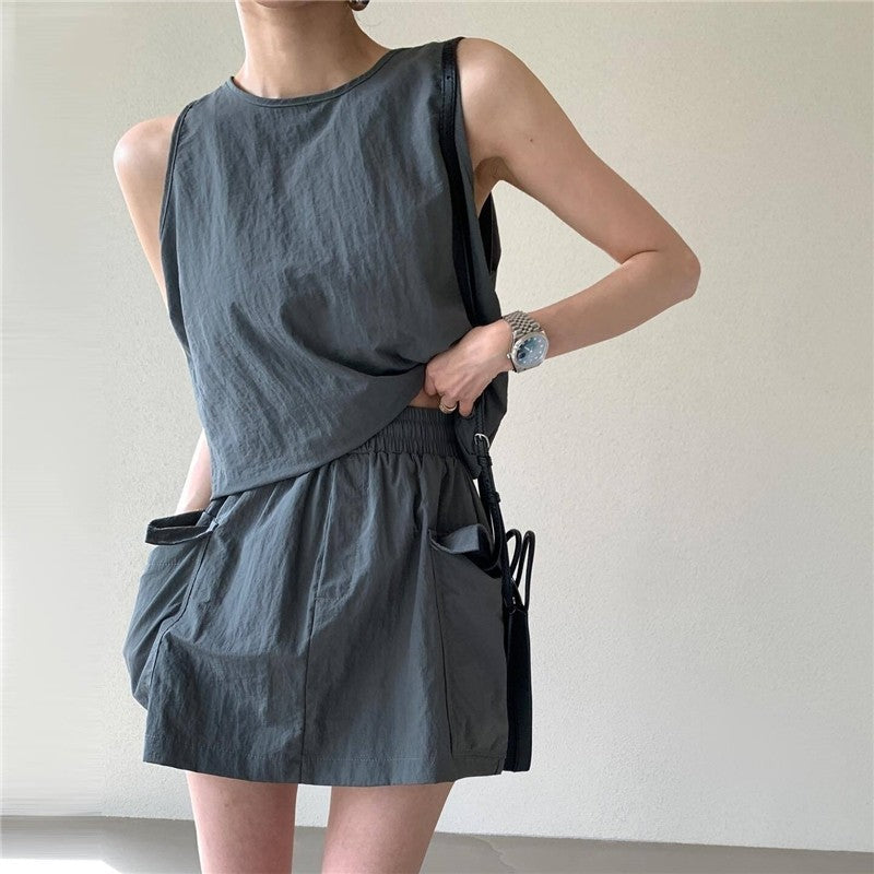 Solid Color Sleeveless Vest and Shorts Set