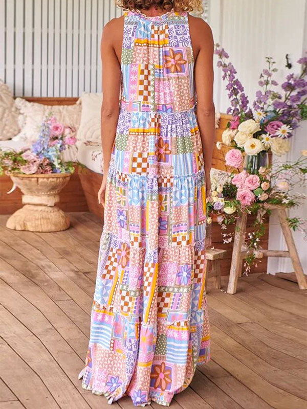 Loose Sleeveless Contrast Color Flower Print Plaid Printed Round-Neck Maxi Dresses