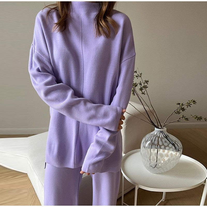 Casual Loose Knitted Two-Piece Set with Solid Color Long Sleeve Top and Pants