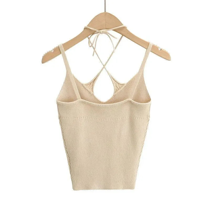 Damian Beige Cotton Cross Halter Top