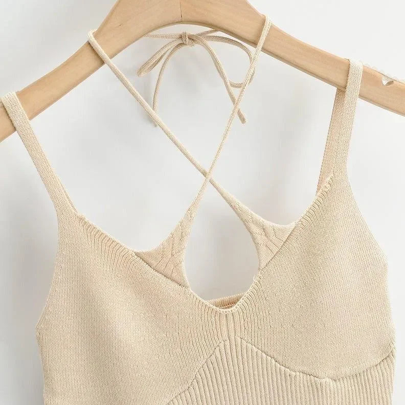 Damian Beige Cotton Cross Halter Top
