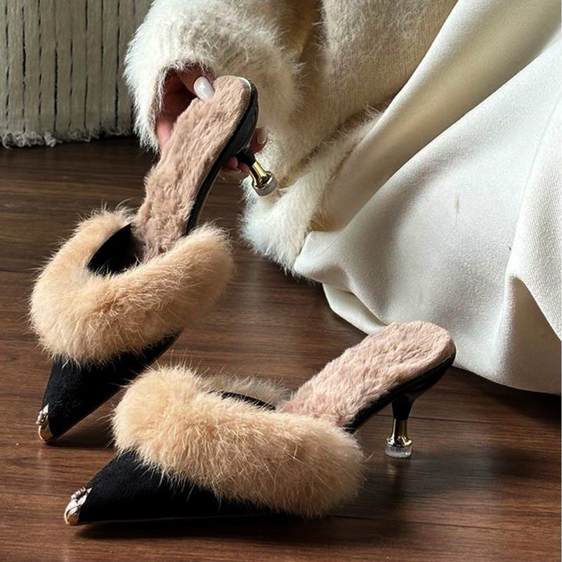 Women's Furry High Heel Slide Sandals - Pointed Toe Elegant Heeled Mules