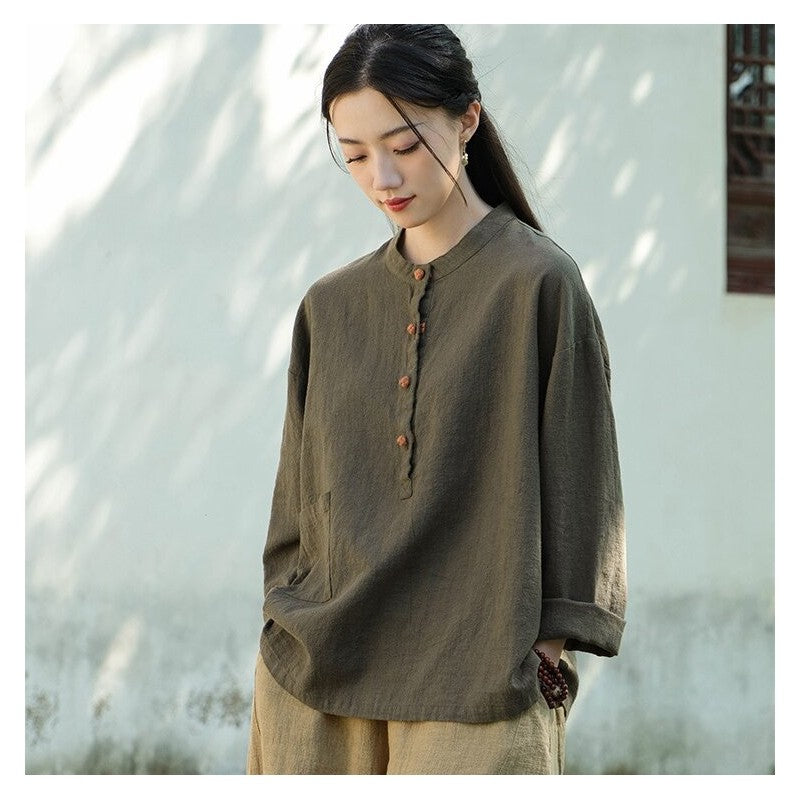 Solid Color Stand Collar Button-Up Long Sleeve Shirt