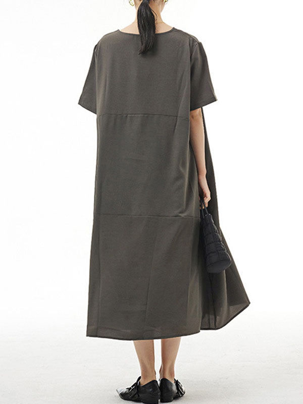 Irregular Clipping Loose Solid Color Round-Neck Midi Dresses