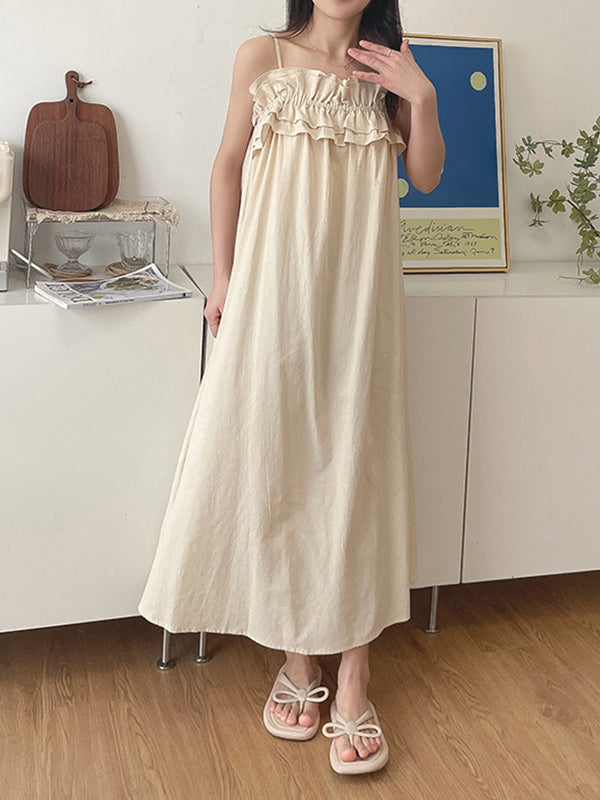 Loose Sleeveless Elasticity Pleated Ruffled Solid Color Spaghetti-Neck Midi Dresses Pajama Dress