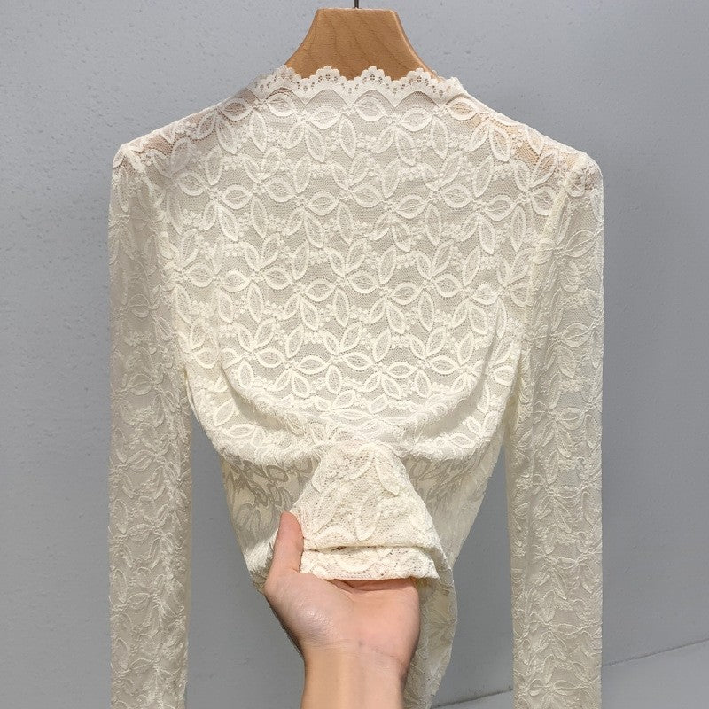 Solid Color Half Turtleneck Long Sleeve Lace Slim Fit Top