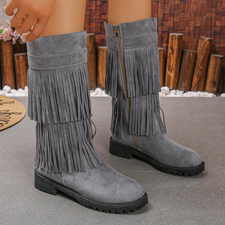 Women's High-Shaft Tassel Boots | Casual PU Leather Side Zipper Boots