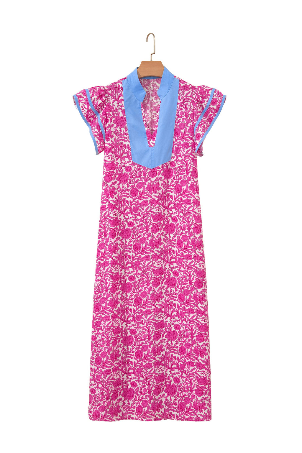 Pink Floral Print Color Block Patchwork V Neck Short Sleeve Midi Dress