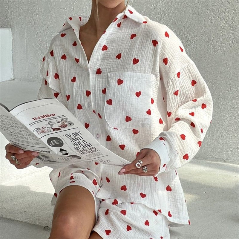 Heart Print Long Sleeve Lapel Single Breasted Top and Shorts Set - Cute Loungewear