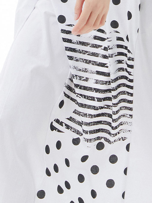 Loose Polka-Dot Split-Joint Striped Round-Neck Midi Dresses