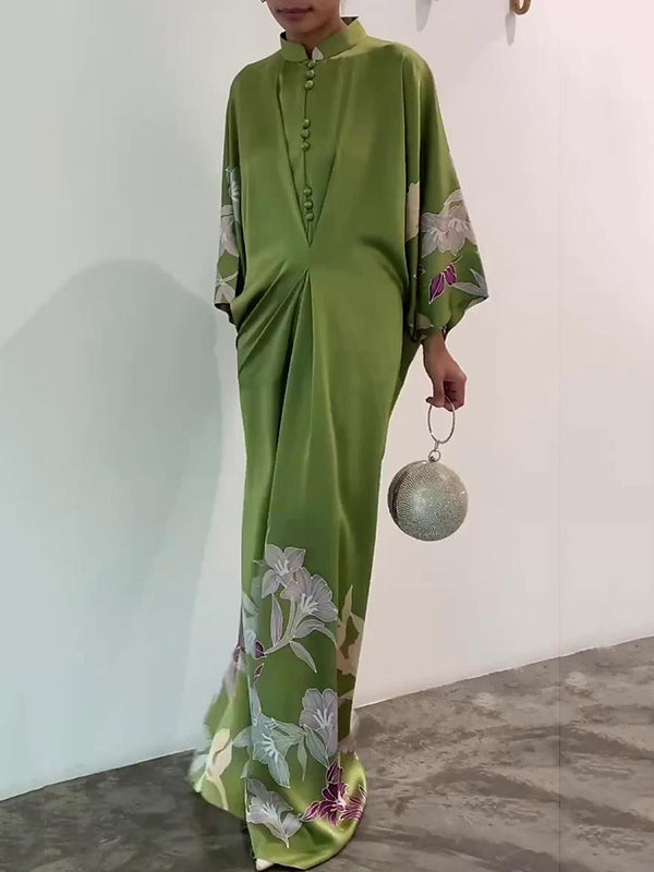Flowy Batwing Sleeve Maxi Dress with Stand Collar, Floral Print and Colorblock Detail