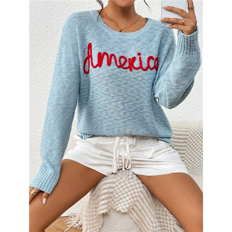 Long Sleeve Crewneck AMERICA Letters Casual Loose Knitted Sweater