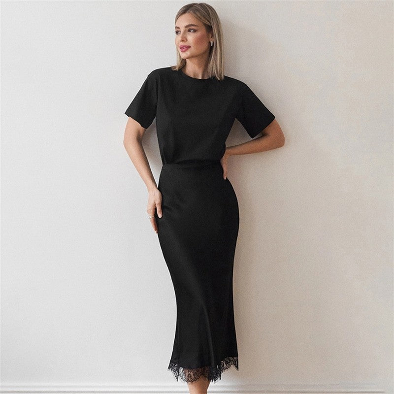 Elegant Lace Zipper Long Skirt in Solid Color