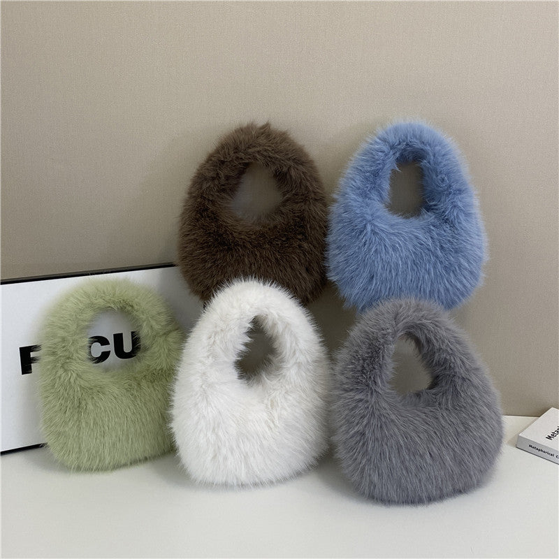 Women's Plush Tote Bag – Soft Oval Handbag for Everyday Casual Use