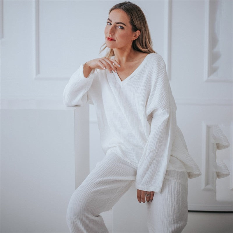 White Long-Sleeve Long Pants Pajama Set