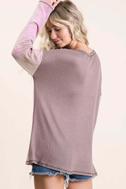 Thermal Waffle Color Block Top with Tie Dye