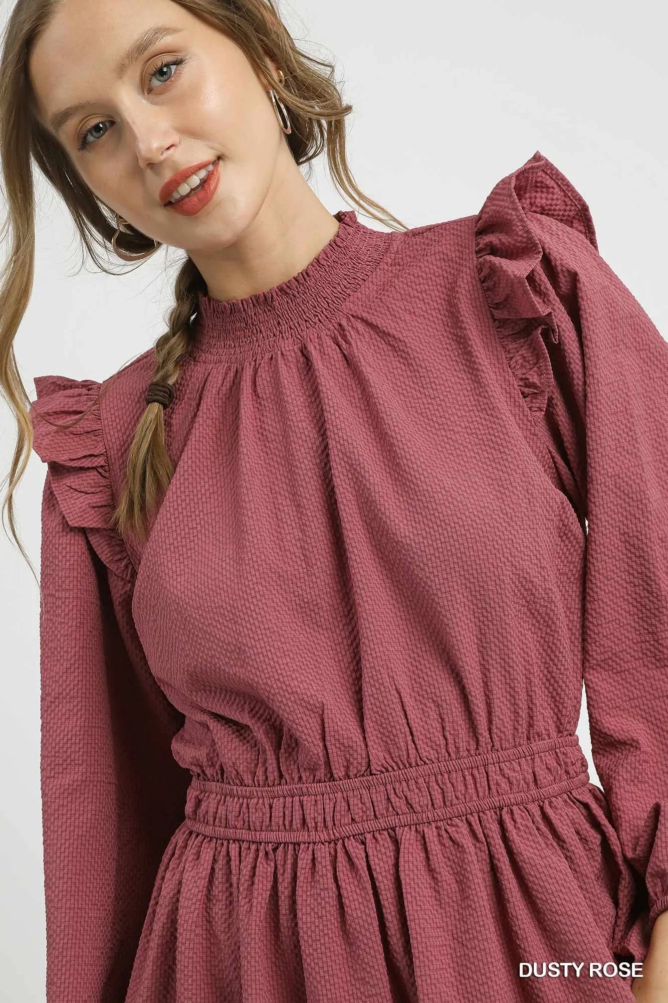 Textured Midi Dress with Ruffle Shoulder Detail