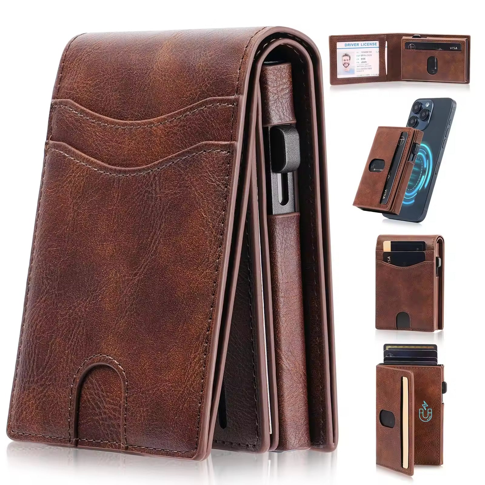 Magnetic Metal Credit Card Case - RFID Protection Leather Wallet