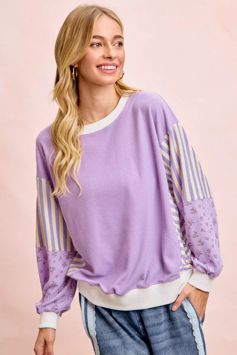 Mix and Match Sweatshirt with Floral Sleeve Striped