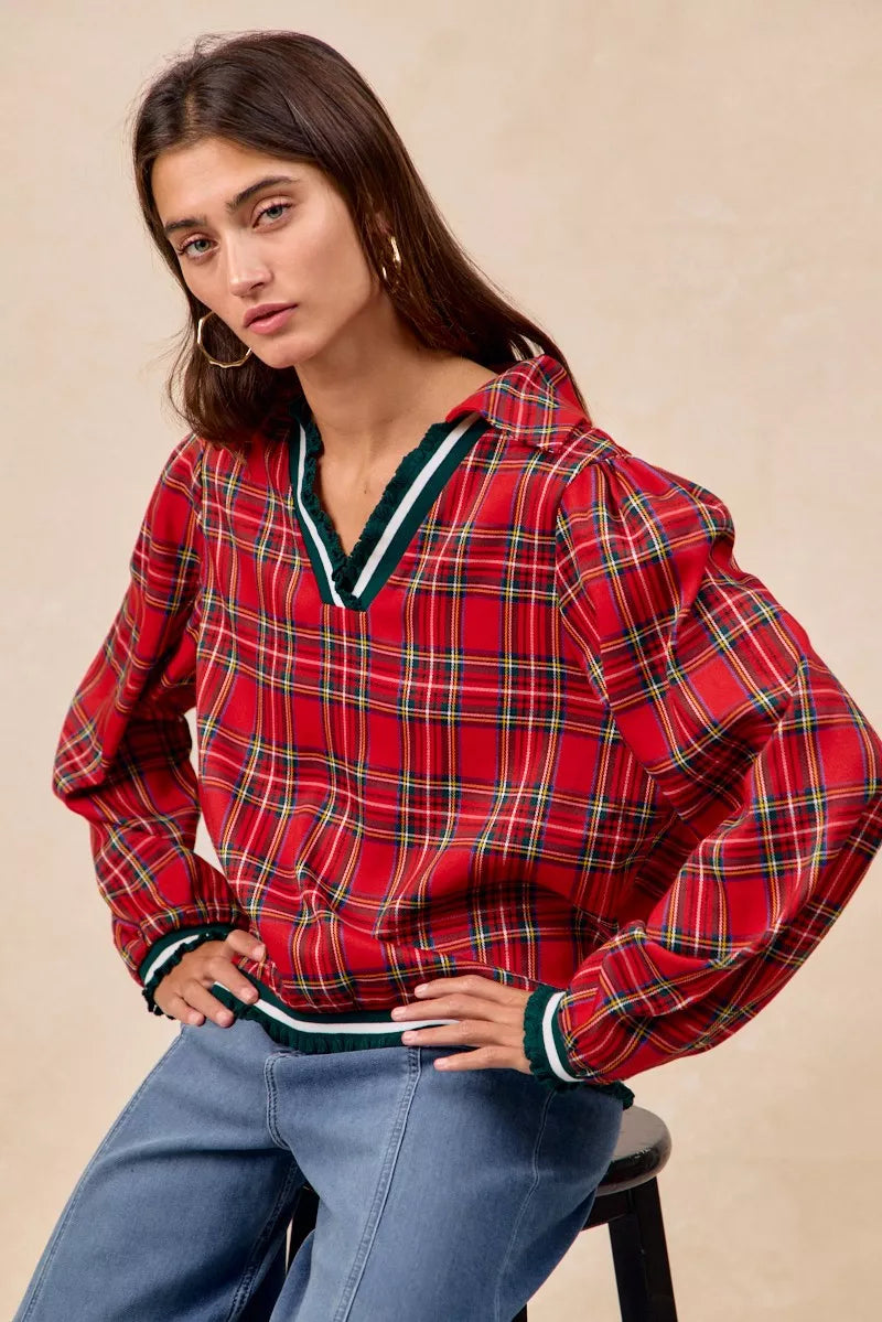 Christmas Plaid Collared Top with Ruffled Detail
