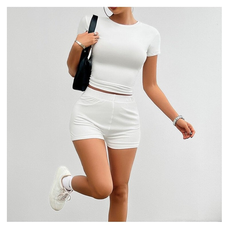 Slim Fit Short Sleeve Shorts Set in Solid Color