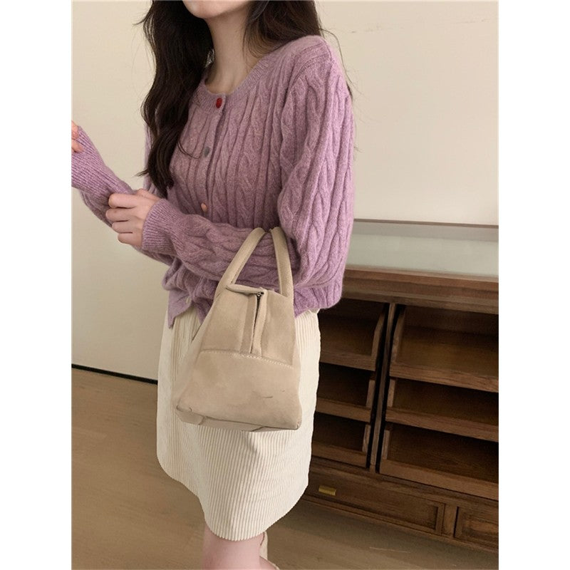 Solid Color Long Sleeve Heart Shaped Buttons Twists Cardigan Sweater