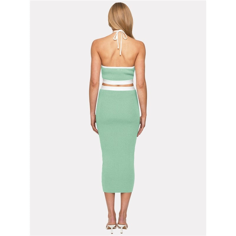 Contrast Color Sleeveless Halterneck Backless Hollow Bodycon Maxi Dress