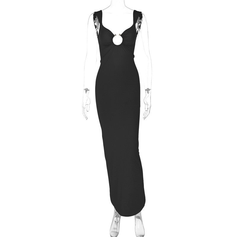 Solid Color V-Neck Backless Split Slim Fit Dress