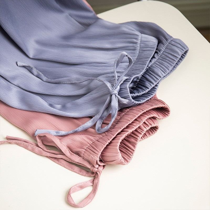 Wide Leg Satin Pants with Elastic Waist - Solid Color