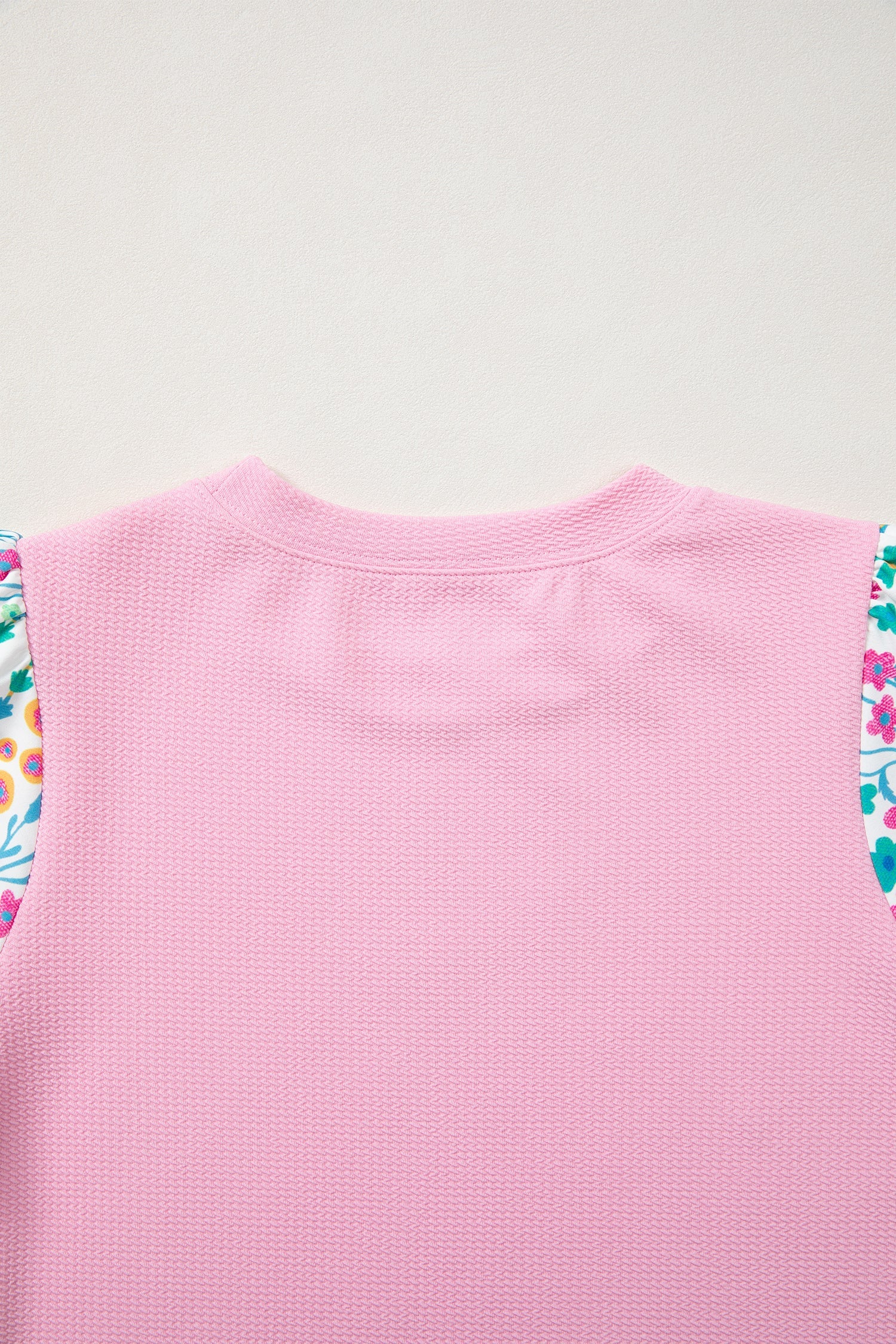 Pink Round Neck Textured Contrast Floral Bubble Sleeve Blouse
