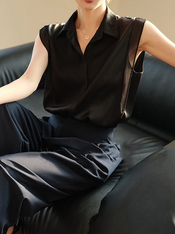 Loose Sleeveless Buttoned Solid Color Split-Joint Lapel Blouses&Shirts Tops