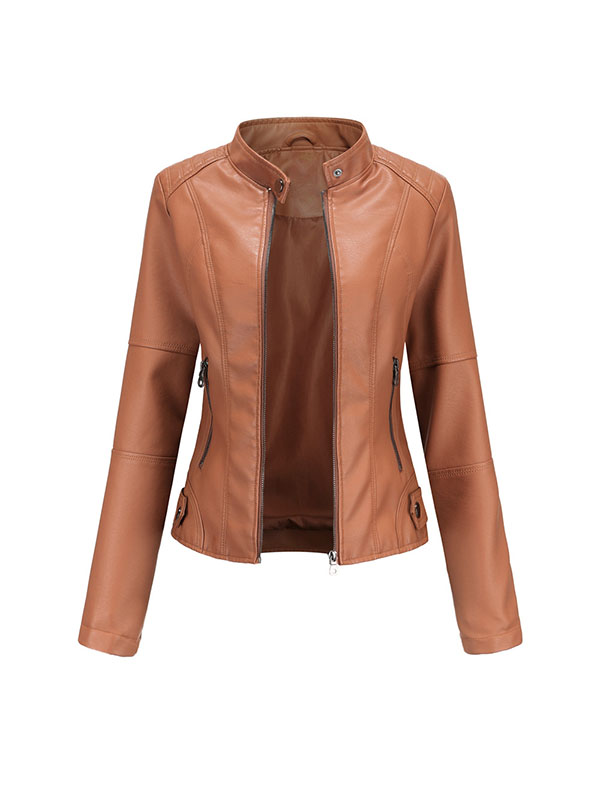 Long Sleeves Plus Size Buttoned Pockets Zipper Stand Collar Jackets Outerwear