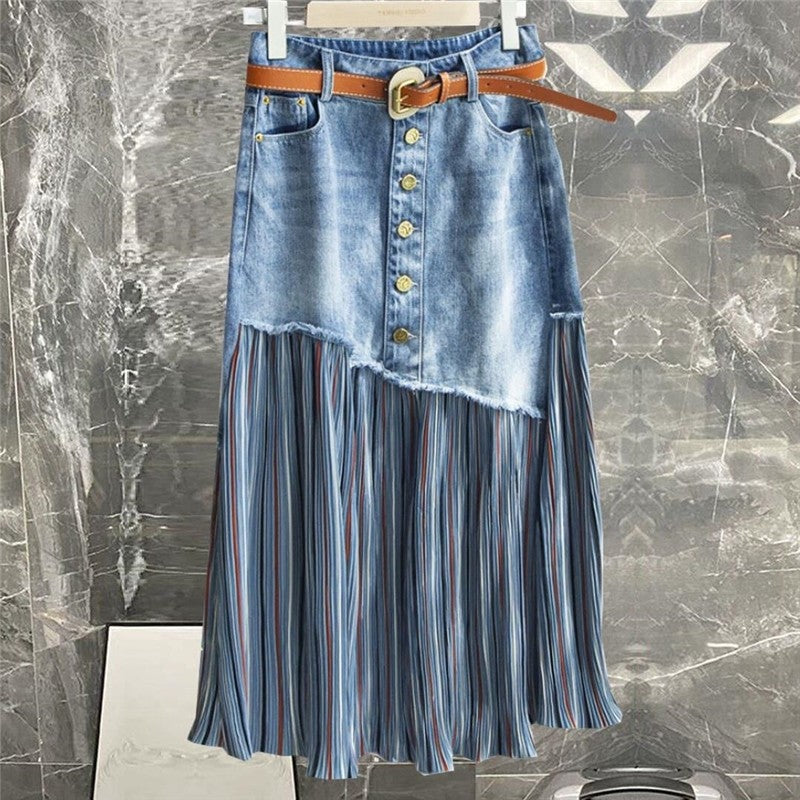 Denim Patchwork High Waisted A-Line Skirt