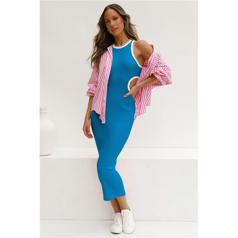 Crewneck Sleeveless Waist Hollow Ribbed Slim Maxi Dress