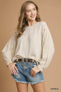 Linen Scallop Hem Long Sleeve Blouse