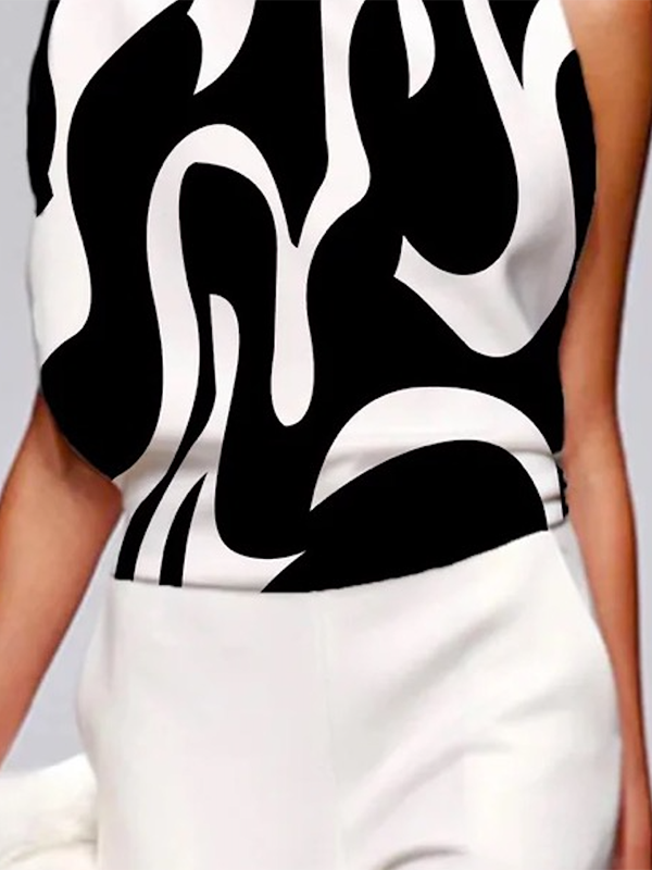 Flowy Sleeveless One Shoulder Top with Asymmetrical Contrast Color Print